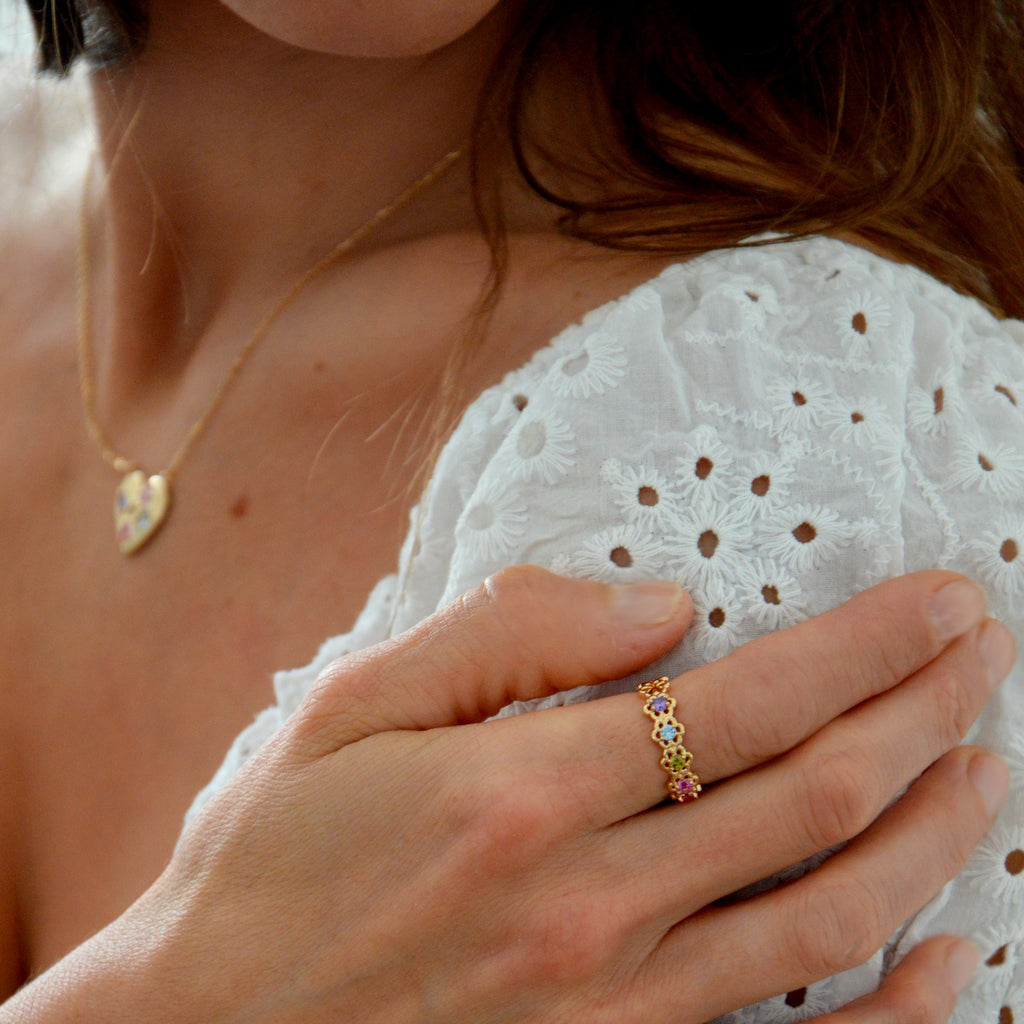 Bague Tendresse -  Anneau Fleurs Pavées Plaqué Or 18K et Zirconiums