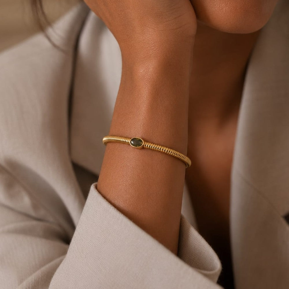 Bracelet Jonc Talisman – Plaqué Or 18K & Zirconium Vert