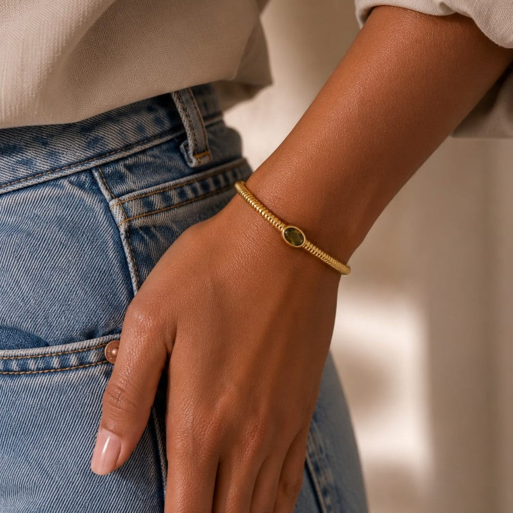 Bracelet Jonc Talisman – Plaqué Or 18K & Zirconium Vert