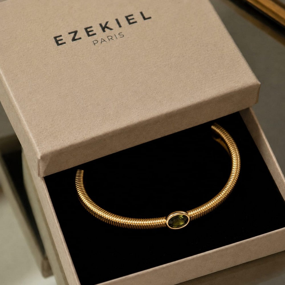 Bracelet Jonc Talisman – Plaqué Or 18K & Zirconium Vert