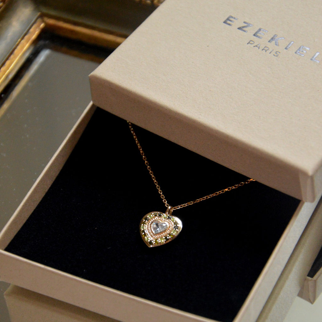Collier Amour - Pendentif Amulette Cœur Plaqué Or 18K & Zirconium