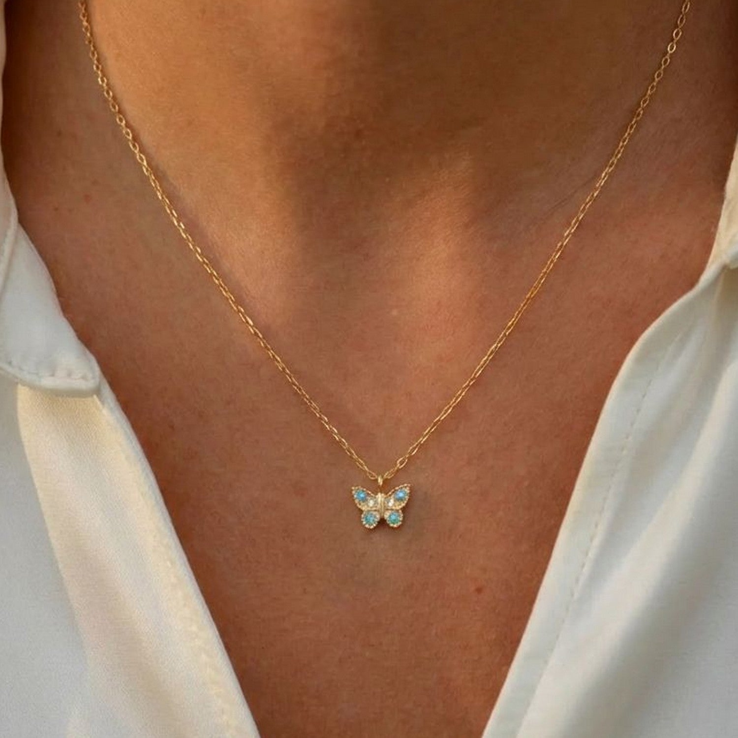 Collier Papillon - Plaqué Or 18K et Zirconium Bleu