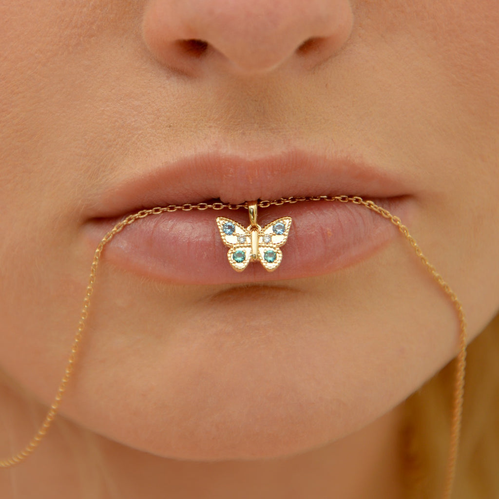 Collier Papillon - Plaqué Or 18K et Zirconium Bleu