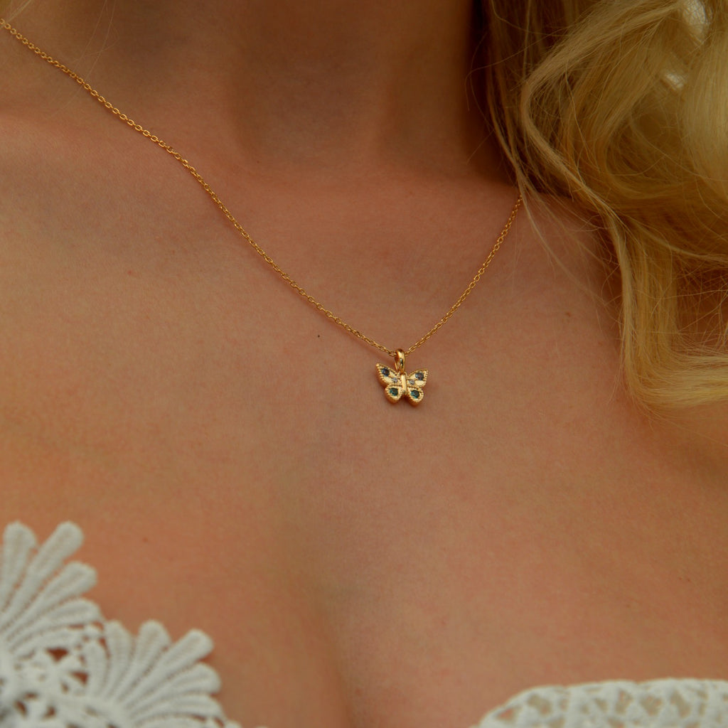 Collier Papillon - Plaqué Or 18K et Zirconium Bleu