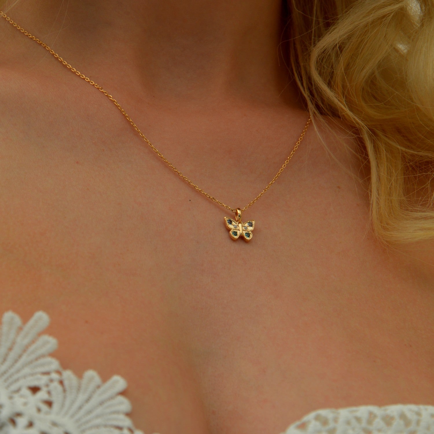Collier Papillon - Plaqué Or 18K et Zirconium Bleu
