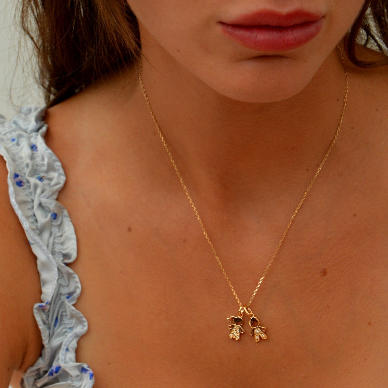 Collier Composition Famille - Pendentif Fille et Garçon - Plaqué Or 18K et Zirconiums