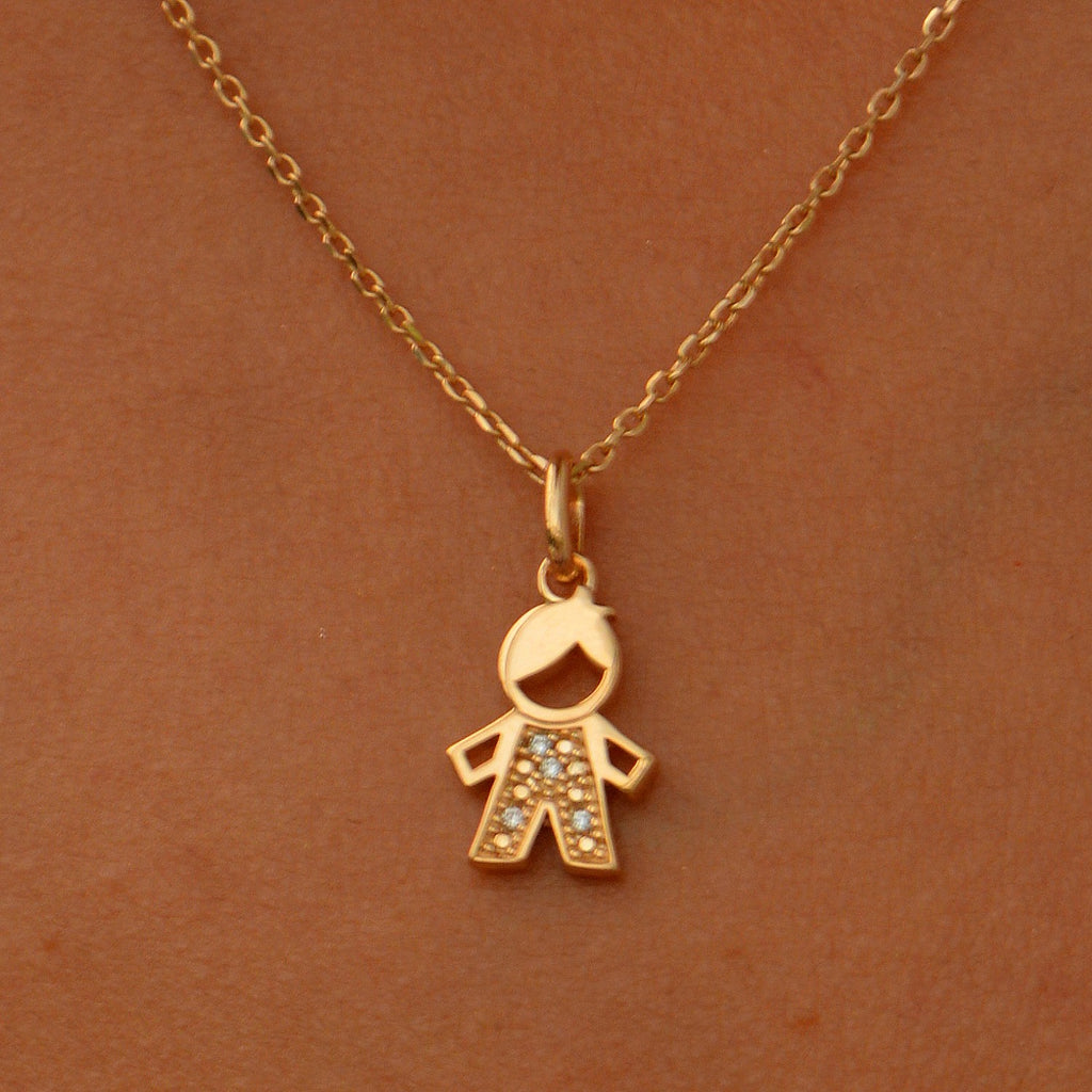 Collier Composition Famille - Pendentif Fille et Garçon - Plaqué Or 18K et Zirconiums