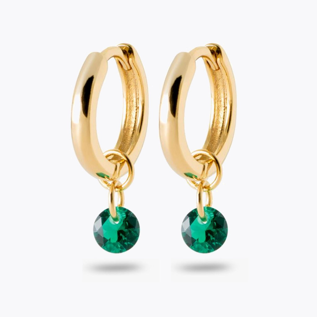 Boucles d'Oreilles Marie - Créoles Pendentif Vert - Plaqué Or 18K et Cristal